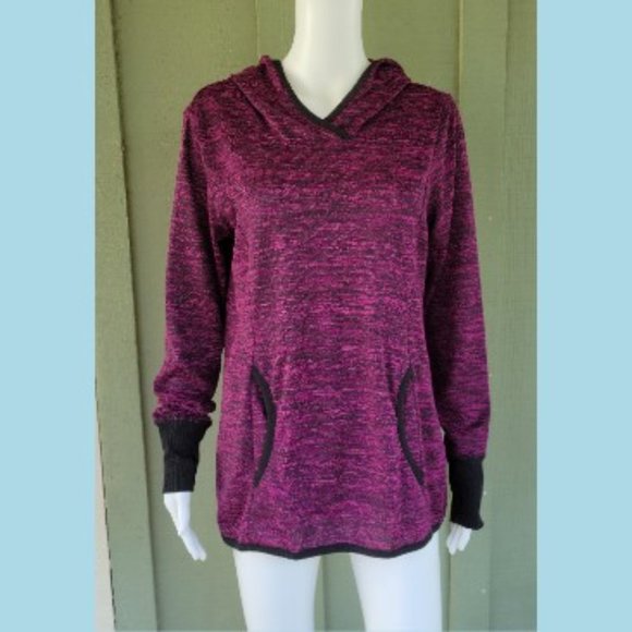 RBK Reebok Magenta Black Tweed Hoodie Athletic Top M Kangaroo Pockets - Picture 2 of 4